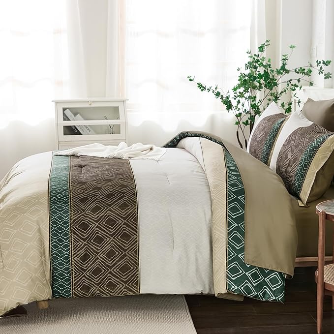 Dinjoy Queen Comforter Set Khaki Boho,7 Piece Bed in a Bag Queen Size Warm Striped Bedding Sets Comforters with Plaid Light Brown Bed Set with Sheets for Women Fall Winter