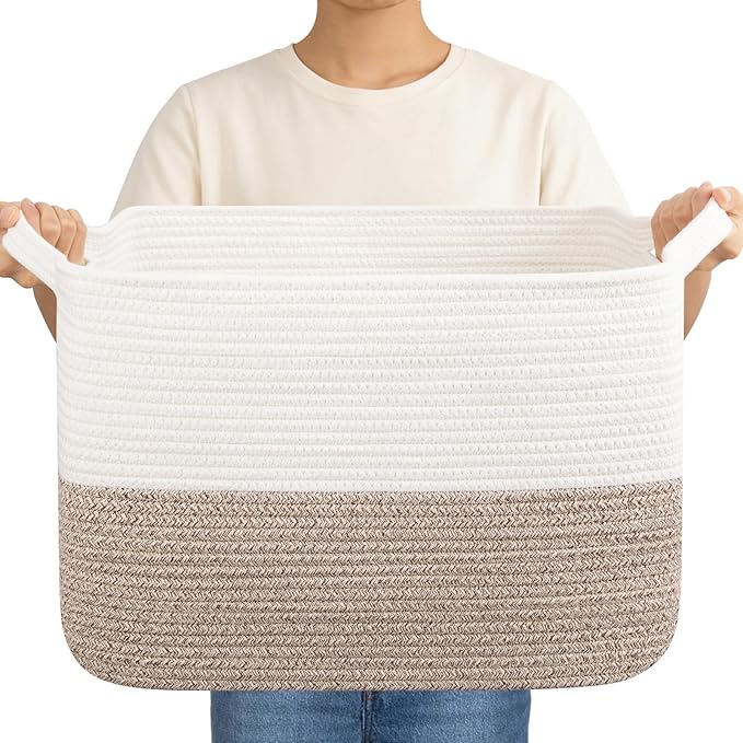 OIAHOMY Woven Storage Basket for Shelves, Rectangle Cotton Rope Baskets for Organizing, 16.5 x 13 x 11.8 in, Storage Bins for Dog Toys,Towel,Books,Gift,Brown and White by MasterofSpaceOptimization