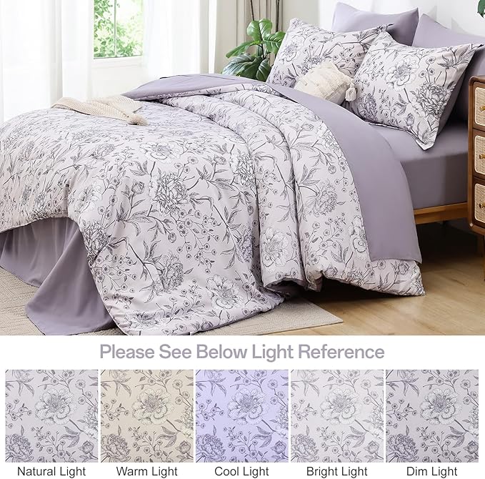 Yiran Botanical Floral Purple Comforter King 7 Piece Bed in a Bag Soft Microfiber Bedding Comforter Set for All Season (1 Comforter,2 Pillowcases,2 Pillow Shams,1 Flat Sheet,1 Fitted Sheet)