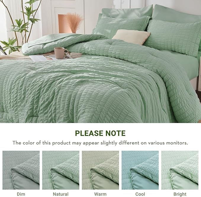 HYMOKEGE Sage Green Twin Comforter Set Seersucker 5 Pieces, All Season Luxury Bed in a Bag for Bedroom, Bedding Set with Comforters, Sheets, Pillowcase & Sham