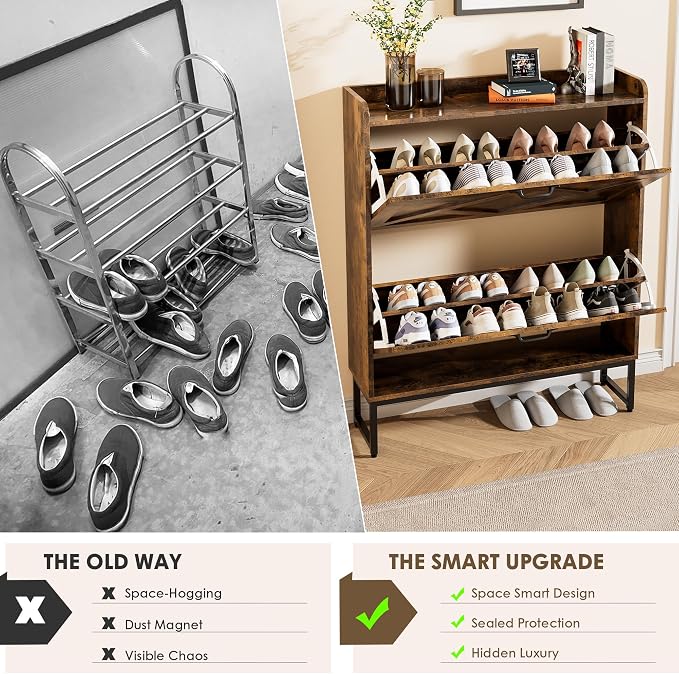Nicetree Shoe Cabinet Organizer with 2 Flip Drawers, Freestanding Narrow Rack with Metal Legs, Farmhouse Slim Shoe Storage for Entryway, Foyer, Hallway, Rustic Brown - Image 8