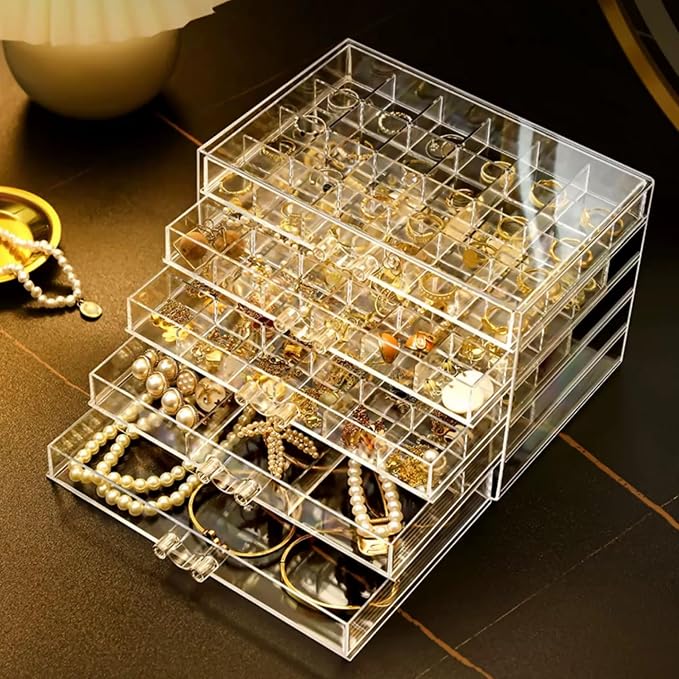 Feadily Acrylic Jewelry Organizer Box, Jewelry Drawer Organizer With 5 Drawers 79 Grids, Clear - Image 4