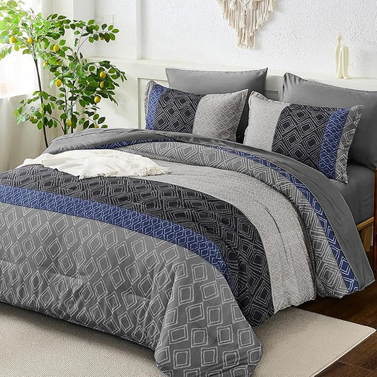 Dinjoy Blue Gray King Size Comforter Set,Striped Boho Bed in a Bag King 7 Pieces Soft Fall Bedding Comforters Microfiber Complete Sets for All Season