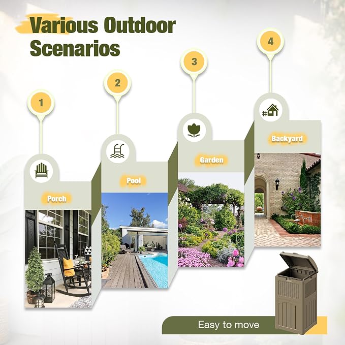 Devoko 33 Gallon Outdoor Trash Can, Hideaway Garbage Bins with Tiered Lid, Waterproof Resin Outside Waste Bins for Patio, Outside Pool, Backyard and Deck (1, Brown) - Image 5