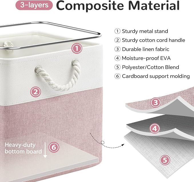 13 x 13 Inch Cube Storage Bins, 6 Pack Fabric Storage Basket with Handles, Foldable Boxes Organizer for Shelf Baskets for Home, Clothes (White/Pink) - Image 6