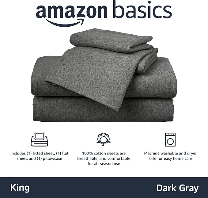 Amazon Basics 4 Piece Breathable 100% Cotton Jersey Bed Sheets Set, Machine Washable, Stretchy Flat and Fitted Sheets, Pillowcase, King, Dark Gray, Solid
