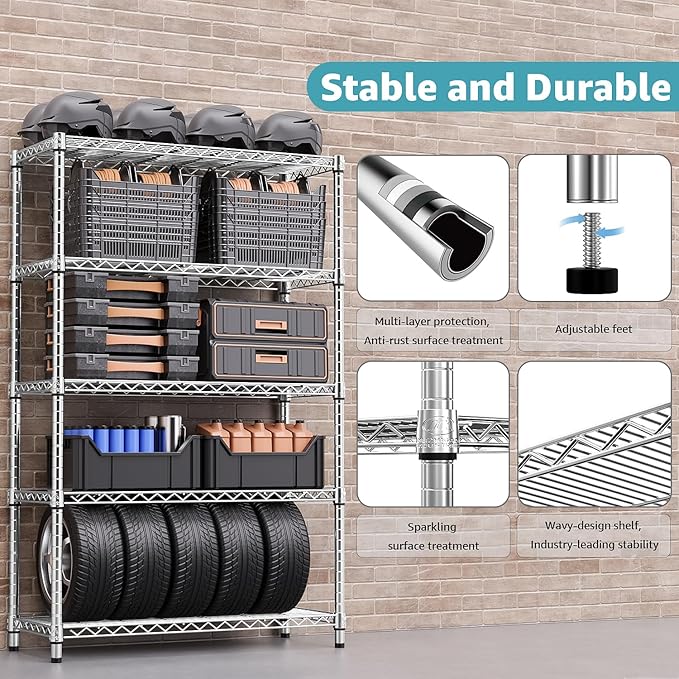 M MZG 1750 LBS Storage Shelves 5-Tier Utility Shelving Unit Steel Organizer Wire Rack for Home,Kitchen,Office,Garage, Capacity 17.7" D x 47.2" W x 72.3" H | Organizer Wire Rack, for Home, Kitchen, Office, Garage, 1750 LBS Capacity - Image 5