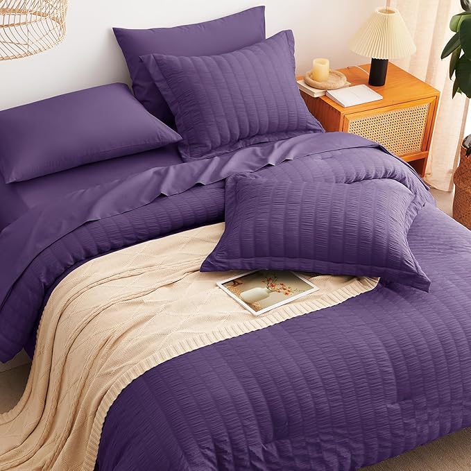 CozyLux King Size Comforter Set Purple Seersucker 7 Pieces Bed in a Bag King Comforter Set with Sheets, Luxury Soft Bedding Sets with Down Alternative Comforter, Sheets, Pillowcases & Shams All Season