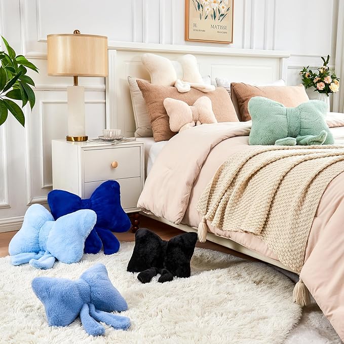 XVTRU Dusty Blue Bow Pillow, Soft Bow Decorative Pillows with Faux Rabbit Fur, Cute 12" Bow Throw Pillows, Aesthetic Home Decor Bow Shaped Plush Pillow for Bedroom Sofa Couch