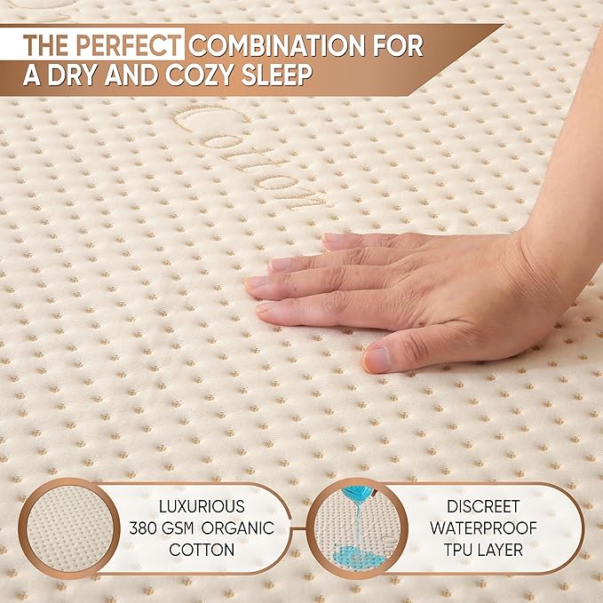Luxury Waterproof Organic Mattress Protector Full Size - Organic Cotton Breathable Mattress Pad Cover - Premium 380 GSM 3D Air Fabric - Deep Pocket - Jersey Cotton Skirt - Fitted Design