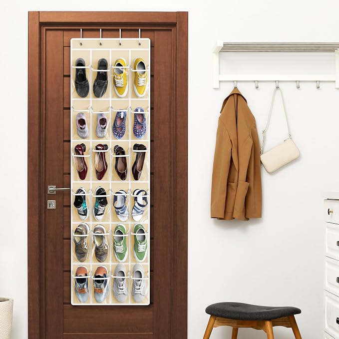 Simple Houseware 24 Pockets - Crystal Clear Over The Door Hanging Shoe Organizer, Beige (64'' x 19'') - Image 6