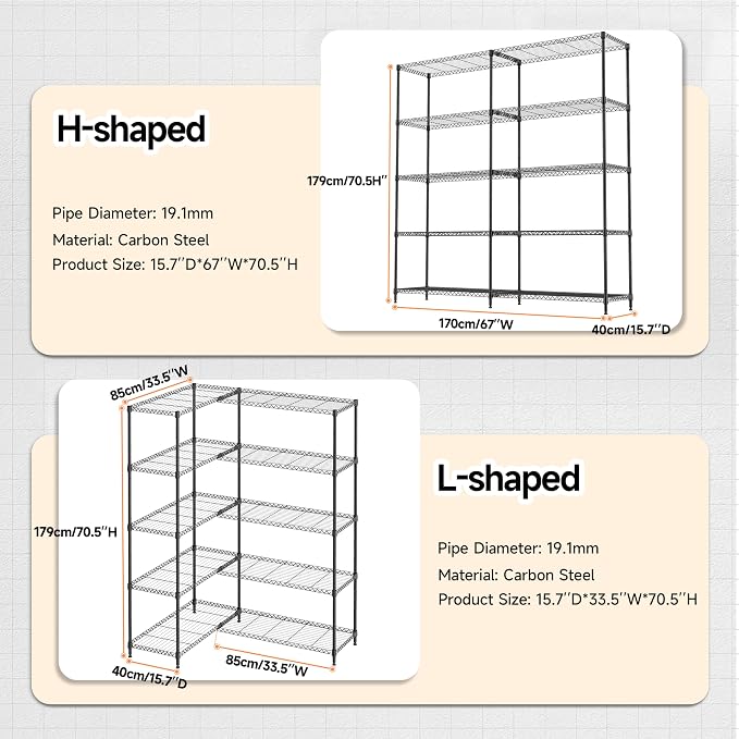 M MZG 5 Tiers Storage Shelves Load 1500LBS, Metal Shelving Wire Metal Shelving Unit Shelves for Storage Adjustable Garage Shelving for Pantry Kitchen Garage Black 15.8" D x 33.5" W x 70.5" H - Image 3