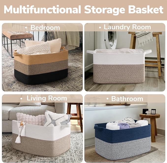 Goodpick Large Blanket Basket 22" x 17" x 12" Woven Storage Baskets for Organizing, Rectangle Cotton Rope Basket for Living Room Bedroom, Toy Baskets Storage Kids, White & Brown - Image 5