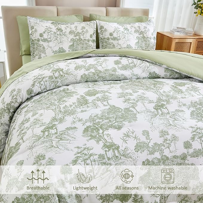DJY Full Size Comforter Sets, Sage Green 7 Pieces Bed in a Bag Full Botanical Comforters with Sheets Elegant Plants Print Soft Microfiber Reversible Complete Bedding Sets for All Season