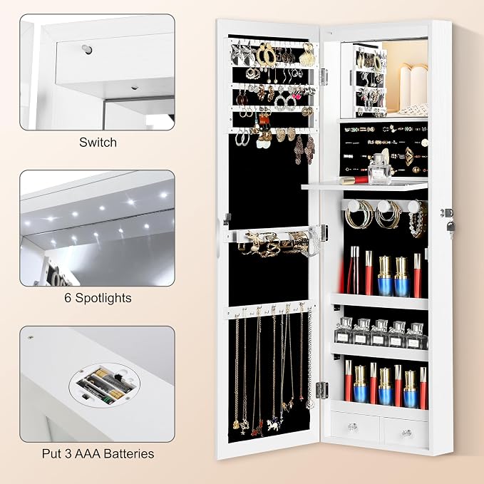 Mirror Jewelry Cabinet, Wall/Door Mounted Jewelry Armoire with Full-Length Mirror, Hanging Jewelry Organizer with LED Interior Lights, White - Image 7