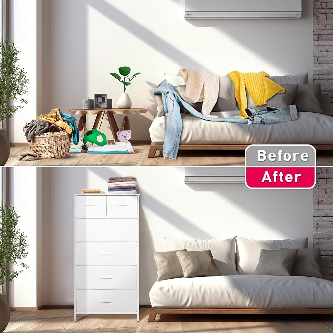 Mifuro Tall Dresser for Bedroom, Vertical Storage Organizer Tower with 6 Drawers, Chest of Drawers with Fabric Bins, Steel Frame, Wood Top for Bedroom, Closet, Entryway- White - Image 6