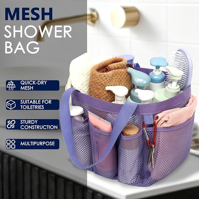 GYEUKHAM Large Mesh Shower Caddy Portable with 8-Pocket for College Dorm Room Essentials,Quick-Dry Handing Shower Basket Tote Bag for Toiletry, Bathroom,Beach,Camp,Gym,Purple - Image 2
