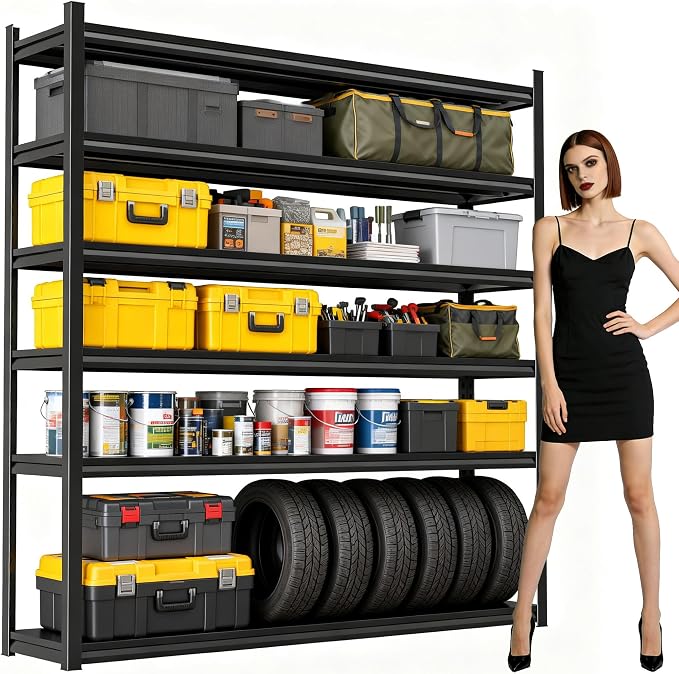 Garage Shelving,6-Tier Heavy Duty Shelving, 3500 lbs Capacity Garage Storage Shelves, Industrial Shelves for Heavy Tools and Equipment, Ideal for Garage, Basement, Black 82" H x 46" W x 18" D by FlyDzrewtGarageShelving