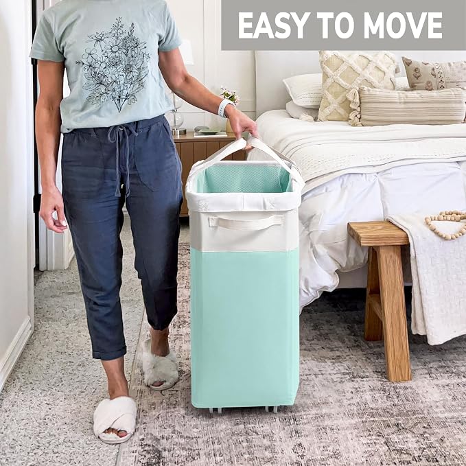 Goodpick Laundry Basket with Wheels, 75L Laundry Hamper with Wheels, Large Laundry Basket with Removable Wash Bag, Clothes Hamper for Laundry, Blue&White - Image 6