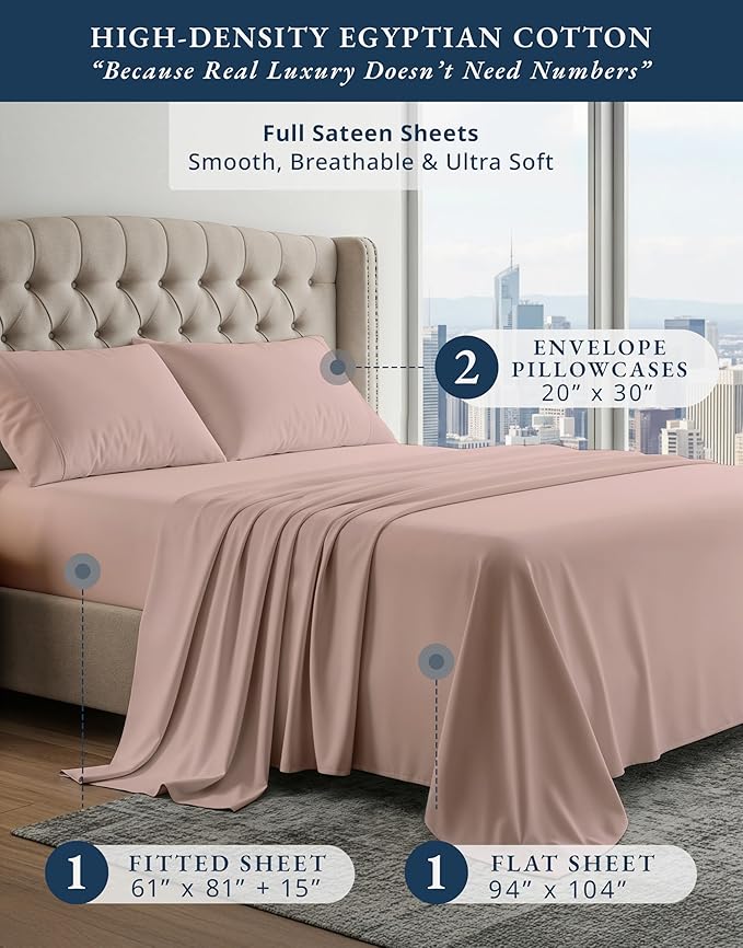 LANE LINEN Luxury 100% Egyptian Cotton Bed Sheets Full Size, Fully Elasticized Reinforced 15 Inch Extra Deep Pocket Full Sheets, Soft & Comfy Sateen Weave for Silky Finish - Sepia Rose