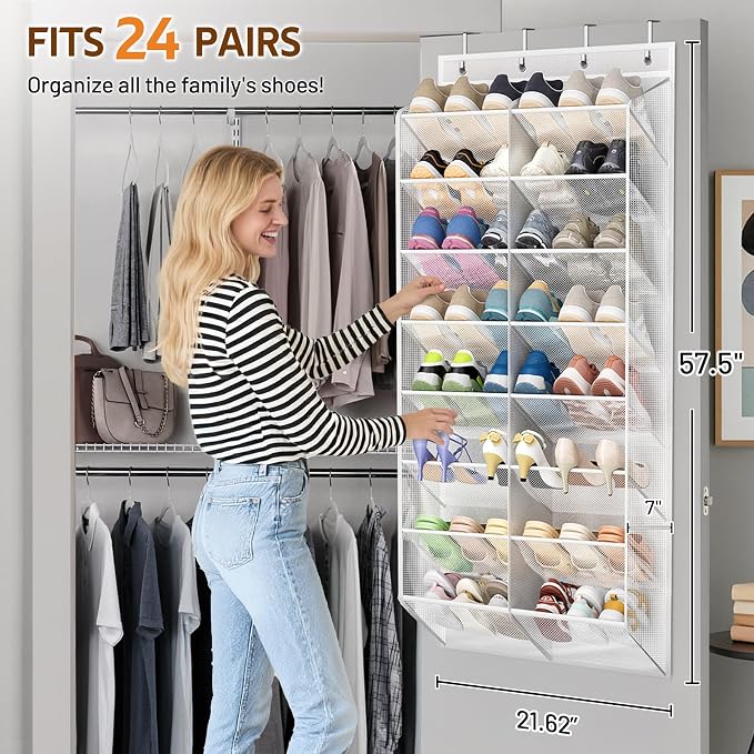 MISSLO 24 Pairs Over the Door Shoe Organizer Breathable Mesh Hanging Shoe Rack for Closet Storage with Wide Deep Pockets 8 Tier Shoes Holder Fit All the Family's Sneakers, Boots, Heels (White, 57.5") - Image 2