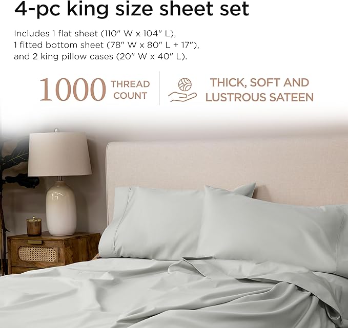 Threadmill Luxury Supima Cotton Sheets, 1000 Thread Count Soft 100% Cotton Sheets for King Size Bed, 4 Pc Light Grey King Bed Sheet Set, 5-Star Hotel Quality with Elasticized Deep Pocket King Sheet