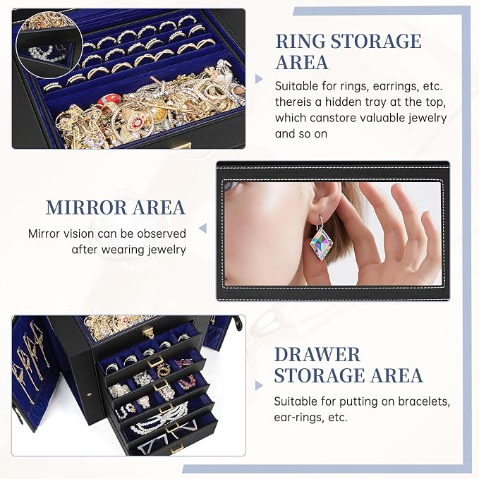 AKOZLIN Huge Jewelry Box Organizer Functional Large Leather Jewelry Storage Case for Women Girls Ring Necklace Earring Bracelet Holder Organizer with Mirror - Image 5