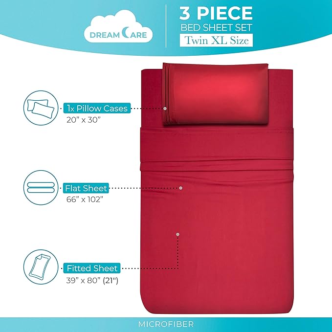 DREAMCARE Twin XL Sheet Sets - 3 pcs Breathable Cooling Bed Sheets - up to 21" Extra Deep Pocket Twin XL Sheets Set with Side Pockets - Extra Soft 100% Brushed Hypoallergenic Hotel Luxury - Burgundy