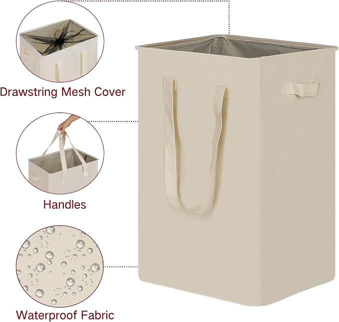 efluky Slim Laundry Basket, Narrow Laundry Hamper with Handles, Collapsible Dirty Clothes Hamper, Tall Laundry Bin for Laundry Room, Dorm and Bedroom, 90L Beige - Image 3