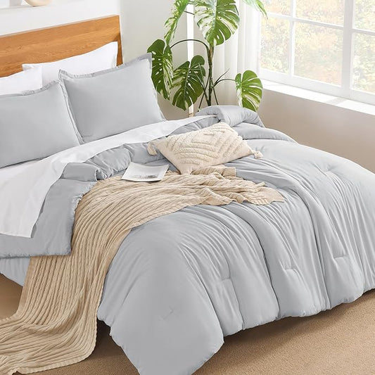 Andency Light Grey Comforter King Size - 7 Pieces Gray Bed in a Bag King Bedding Comforter Sets, Summer Plain Soft Lightweight Comforter with Fitted Sheets, Flat Sheets, Pillowcases & Shams