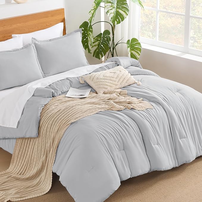 Andency Light Grey California King Comforter Set - 7 Pieces Gray Cal King Bedding Comforter Sets, Summer Plain Soft Lightweight Comforter with Fitted Sheets, Flat Sheets, Pillowcases & Shams