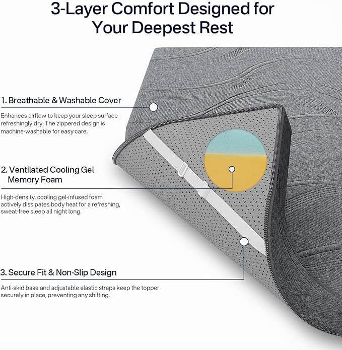 3 Inch Firm Mattress Topper Queen, Cooling Gel Memory Foam Mattress Topper for Back Pain Relief, High Density Ventilated Bed Topper with Breathable Cover & Non-Slip Straps, CertiPUR-US
