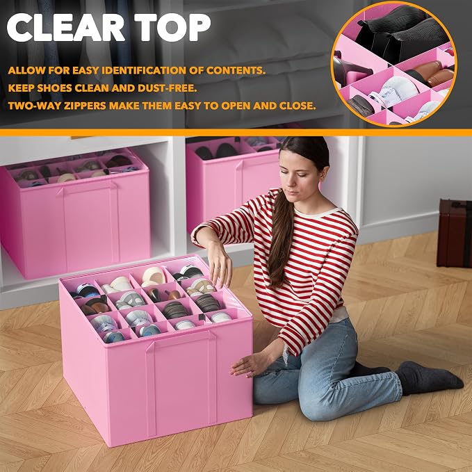 SpaceAid Shoe Organizer for Closet, 2 Pack Foldable Shoe Storage Containers Baskets Boxes Bins w/Adjustable Dividers, Fits 16-32 Pairs, Pink - Image 4