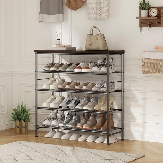 SUOERNUO Shoe Rack Organizer 5 Tier for Closet Entryway Free Standing Metal Storage Shoe Shelf with MDF Top Board，Black+Rustic Brown - Image 5