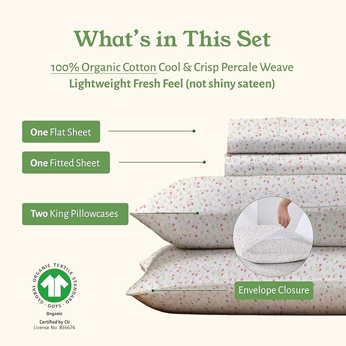 California Design Den King Floral Sheet Set, 100% Organic Cotton Percale Sheets, Deep Pocket King Sheets & Pillowcase Set - Floral