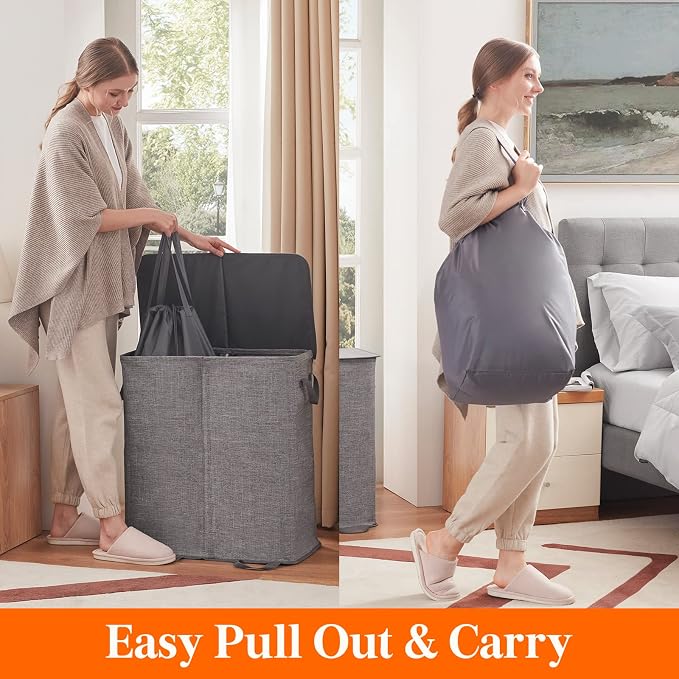 Lifewit Double Laundry Hamper with Lid and Removable Laundry Bags, Large Collapsible 2 Dividers Dirty Clothes Basket with Handles for Bedroom, Laundry Room, Closet, Bathroom, College, 136L Gray - Image 5