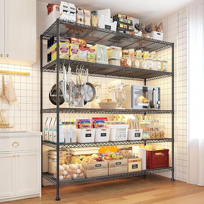REIBII 45.5''W Storage Shelves Wire Shelving, 5 Tier Pantry Shelves for Storage Rack, Adjustable Metal Shelving for Pantry Kitchen Steel Shelving, 45.5" W x 71" H x 17.7" D, 2 Pack - Image 2