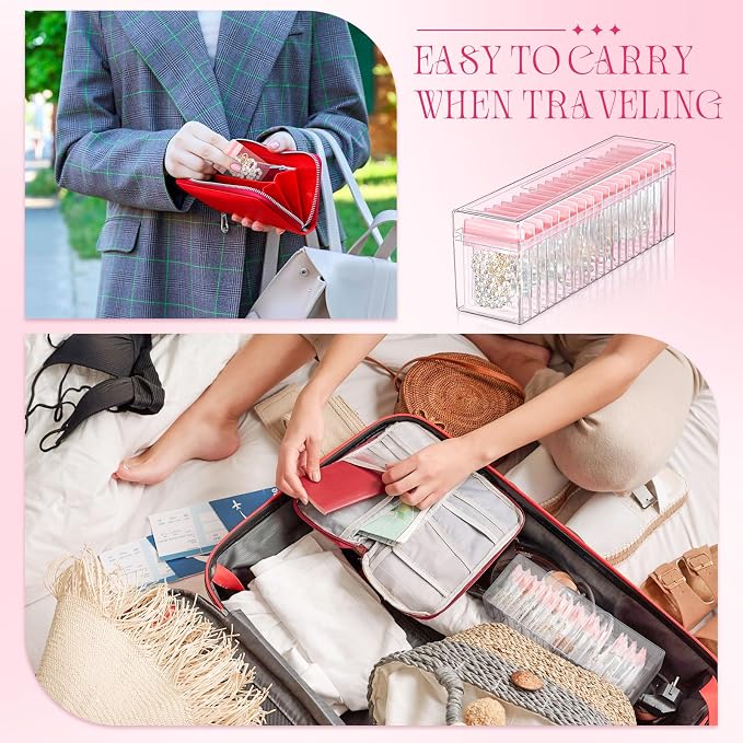 Kenning 21 Pcs Acrylic Jewelry Case Organizer, Clear Jewelry Organizers Holder with Portable Anti Tarnish Storage Bags for Rings, Earrings, Necklaces, Ideal Gifts for Women (Pink) - Image 6