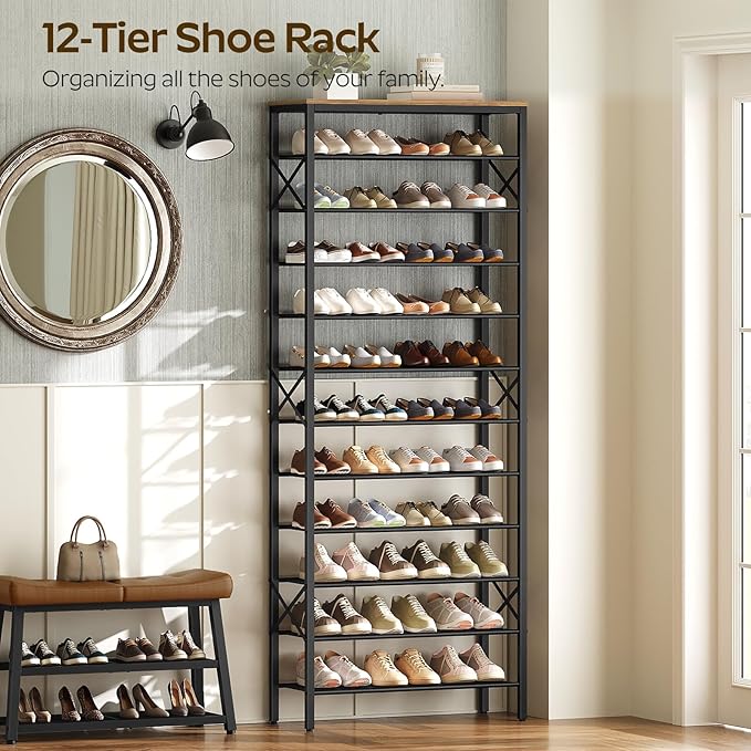 YATINEY 12 Tier Shoe Rack, Large Capacity Shoe Storage Organizer Holds 48 Pairs, Sturdy and Stable, for Entryway, Hallway, Closet, Dorm Room, Rustic Brown SS12BR - Image 4