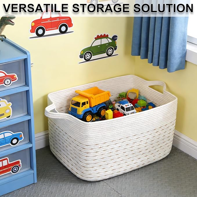 Large Blanket Basket,Woven Rope Basket Storage Bin with Handles,65L Rectangle Laundry Basket for Magazines,Toys,Clothes,Newspaper Shelf Organization,Nursery and Living Room,White&Yellow - Image 8