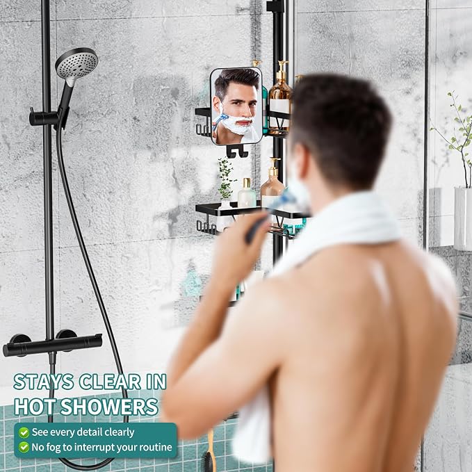 KEGII Shower Caddy Tension Pole - Adjustable Rustproof Corner Bathroom Organizer with Fogless Shower Mirror, 25–114.2 Inch No-Drill Bathroom Storage, Black - Image 7