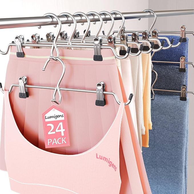 Pants Hangers Space Saving,Stackable Skirt Hangers with Clips, Hanging Closet Organizer and Storage,Clothes Hangers, College Dorm Essentials Apartment Essentials- 24 Pack by Lumigens