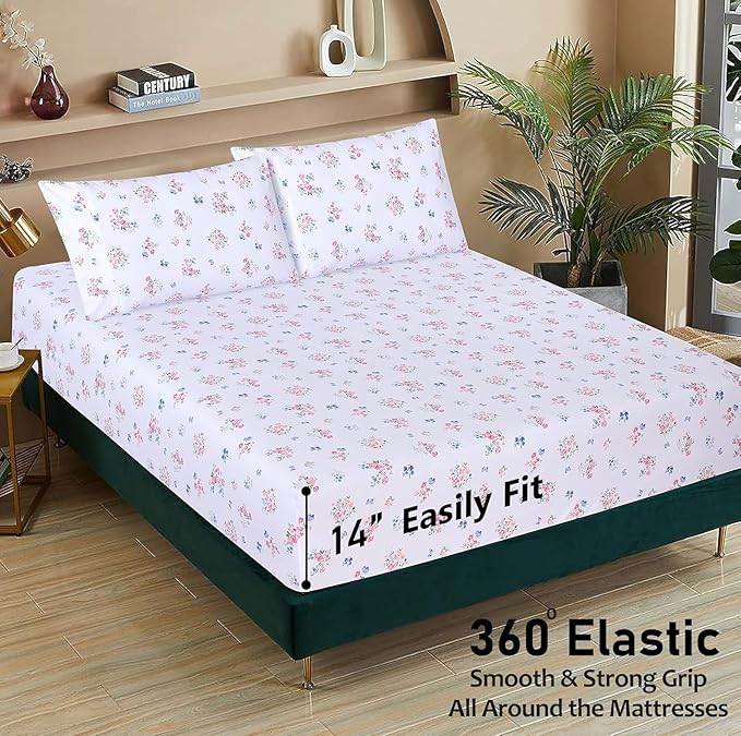 RUVANTI 100% Cotton Sheets – California King Percale Bedding, Cooling & Breathable Floral Design, Durable with a Crisp, Soft & Comfortable Feel, 14" Deep Pocket, 4-Piece Set, Funa Flora