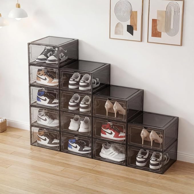 Pinkpum Upgraded Hard Shoe Storage Box 6 Pack X-Large Fit Size 12, Thicken & Sturdy Clear Plastic Stackable Shoe Organizer Box Closet, Sneaker Storage Display Case Holder Bins with Magnetic Door Black - Image 7