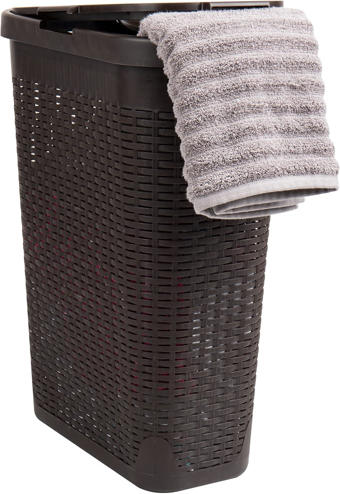 Mind Reader Slim Laundry Hamper with Lid, 40L Clothes Basket, Narrow Tapered Design with Ventilated Cutout Pattern, Plastic, Brown by MindReader