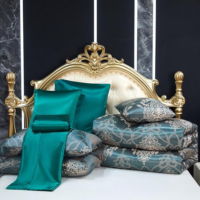 Green Jacquard Queen Comforter Set Sheet Set Elegant Bedding Set 8 Pcs Embroidery Neoclassical Floral Pattern Bed Home Decor Soft Down Comforter Luxury Hotel Silky Bed in a Bag with 1 Cushion Cover