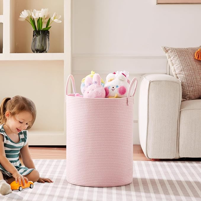Large Pink Laundry Basket 15x20 Inches, 60L Woven Rope Hamper for Baby Girls and Kids, Tall Nursery Storage Bin, Kawaii Bedroom Laundry Hamper - Image 2