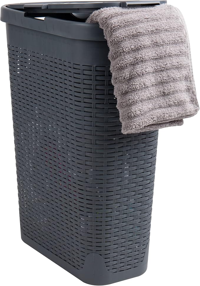 Mind Reader Slim Laundry Hamper with Lid, 40L Clothes Basket, Narrow Tapered Design with Ventilated Cutout Pattern, Plastic, Gray by MindReader