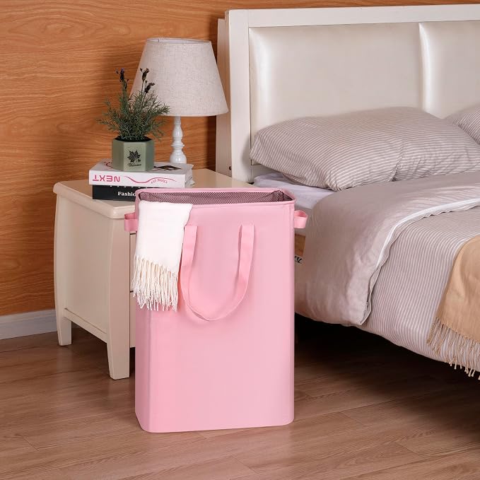efluky Slim Laundry Basket, Narrow Laundry Hamper with Handles, Collapsible Dirty Clothes Hamper, Tall Laundry Bin for Laundry Room, Dorm and Bedroom, 12.7 Gallons(48L) Pink - Image 4