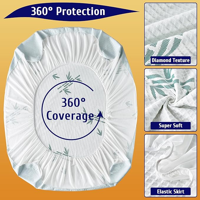 King Size Mattress Protector, Breathable Bamboo Viscose Waterproof Mattress Pad Cover, Cooling Stripe Style, 6-18 inches Deep Pocket